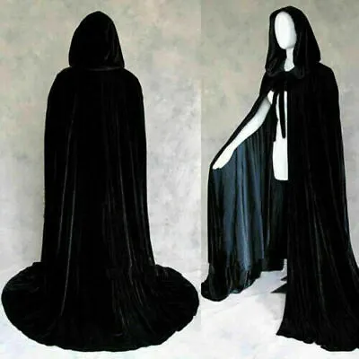 Velvet Hooded Cloak Medieval Pagan Witch Vampire Cape Halloween Fancy Dress UK D • £19.12