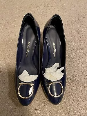 Genuine Salvatore Ferragamo Women’s Shoes Genuine Leather LowMid Heel Shiny Navy • $259