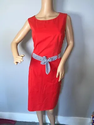 Saint James Red Sleevless Cotton Knee Length Dress Size 14 Pockets Belt • £24.99