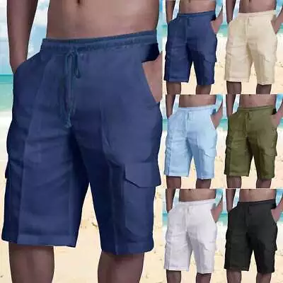Mens Summer Beach Loose Cotton Linen Shorts Drawstring Elasticated Short Pants • $20.29