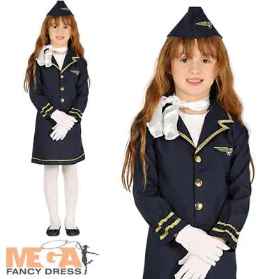 Stewardess Girls Fancy Dress Air Hostess Uniform Cabin Crew Kids Costume Outfit • £11.99