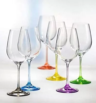 Bohemia Crystal 40729-X Set Of 6 White Wine Crystal Glasses. Colored Stems  12oz • £59.83