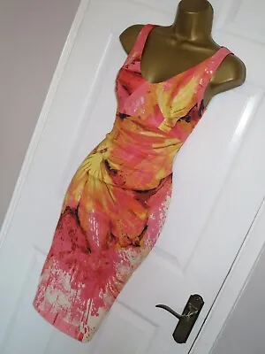 Karen Millen Pink Yellow Flower Bodycon Pencil Wiggle Summer Party Dress Size 8 • £31.99