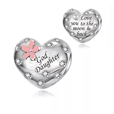 God Daughter Pink Flower Charm Love You To Moon 💜 Genuine 925 Sterling Silver • £16.99