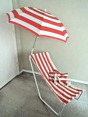 Vintage Sling Style Beach Chair +Matching Umbrella Portable Foldable Outdoor Set • $175.99