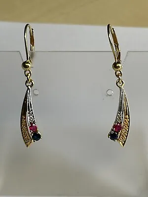 Elegant 18 Carat Yellow Gold DIAMOND RUBY & SAPPHIRE Drop Earrings • £395