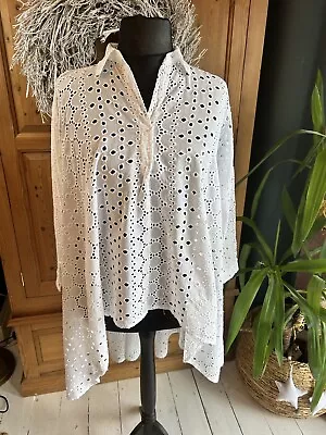 Made In Italy Fab Broderie Anglaise White Cotton Lagenlook Shirt Size L Ch 50” • £9.99