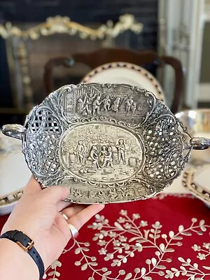 Silverplate Dutch Scenes Reticulated Repoussé Handled Basket ANTIQUE By DERBY • $78