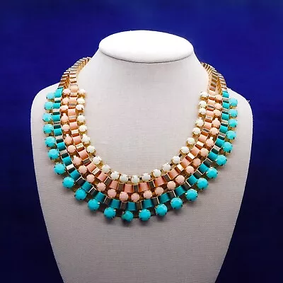 Vintage Inspired Book Chain Necklace Turquoise Peach Ivory Colors Gold Tone • $9.99