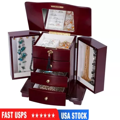 Waverly Wooden Jewelry Box Women Wooden Jewelry Armoire 3 Drawers Cherry Finish • $118.42