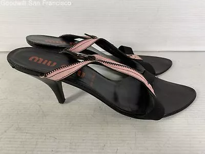 Miu Miu Womens Black Pink Leather Casual Kitten Heel Slide Sandals Size 39.5 COA • $44.99