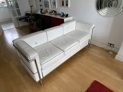 Le Corbusier Style LC3 Mid Century Classic White Leather Fronted Three Seat Sofa • £120