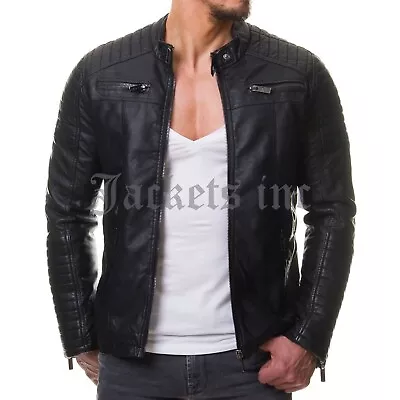 Cafe Racer Black Biker Leather Jacket Soft Sheep Skin Leather Size L • $98