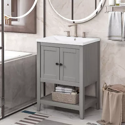 24  Grey Modern Bathroom Vanity Elegant Ceramic Sink With Frame Open Style Shelf • $287.89