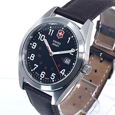 40mm Mens Victorinox 241083 Garrison Swiss Army Watch Dk Br Leather Excellent A+ • $109