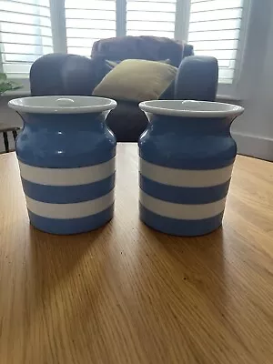 TWO Cornish Ware T G Green Blue & White Storage Jar With Green Shield Stamp • £25