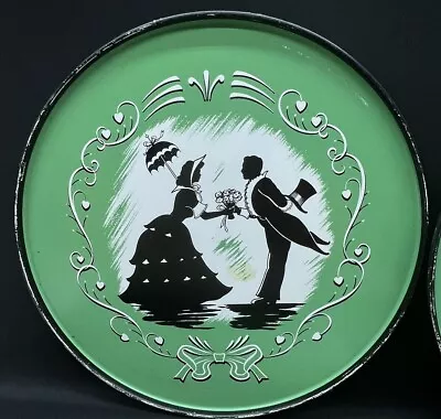 Vintage Metal Lithograph Tray Platter  Round Courting Couple Silhouette • $12.99