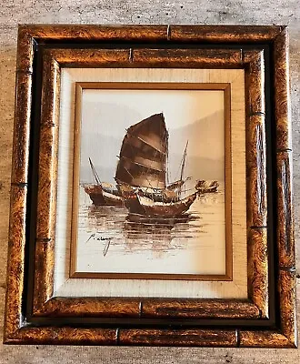 P. Wong Asian “junk Fishing Boats” ORIGINAL Canvas Painting /faux Bamboo Frame. • $70