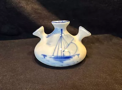 Vintage Blue & White Delft Style Porcelain Triple Tulipiere Vase Sailing Ship • $24