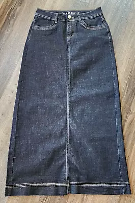 Inherit Beth Jean Denim Maxi Skirt Blue 14 1/2  Back Slit Patch Pockets Size 3/4 • $20