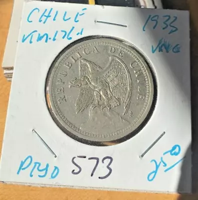 1933 Chile 1 Peso AU Details KM #176.1.  Coin #573 • $2.50