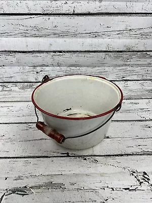 Vintage White Red Trim Enamelware Pot Bucket With Wooden Bail Handle Farmhouse • $17.99