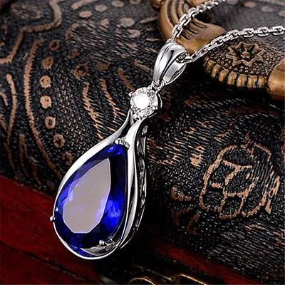 £3.99 • Buy Blue Crystal Water Drop Pendant Chain Necklace 925 Sterling Silver Jewellery UK
