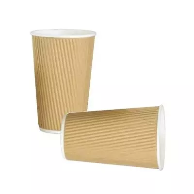 25x Disposable Hot Cups 16oz Brown Single Wall Insulated Ripple Paper Coffee Cup • £7.29