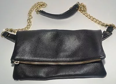 Massimo Dutti Cross Body Leather Messenger Bag Black Fold Over Chain Straps  • £65
