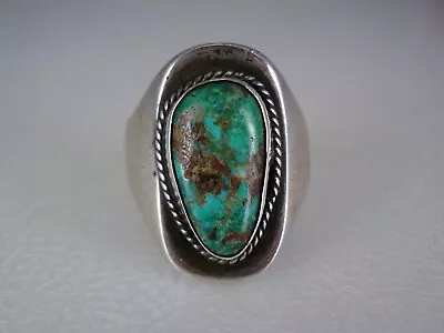 OLD NAVAJO STERLING SILVER & NATURAL HACHITA TURQUOISE MEN'S RING Size 11 • $110