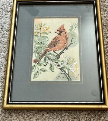 £6.95 • Buy Vintage JJ Cash's Miniature Framed Woven Silk Bird Picture Cardinal - 6” X 7.5”