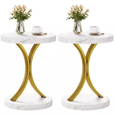 Set Of 2 Round End Tables Side Table Nightstand With Faux Marble Top Living Room • $71.99