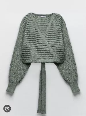 Zara Green Wool Mix Wrap Crop Cardigan Size Small • £8