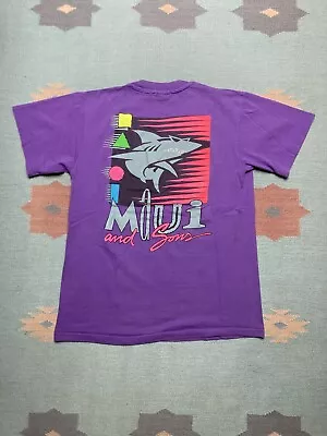 Vintage 80s Maui And Sons T Shirt Shark Surf Beach Cotton Single Stitch Large • $25