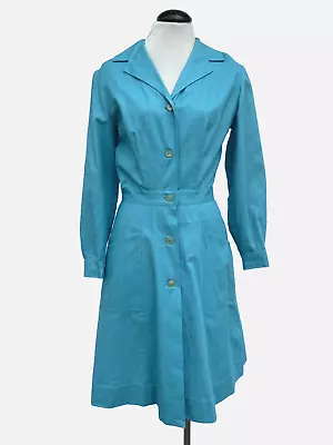 Vintage Aqua Fit Flare Linen Shirtdress Day Waitress Dress Midi Pockets! S/M • $39.99