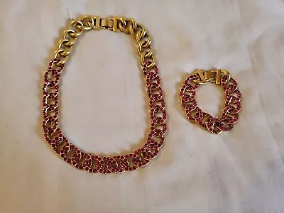 J.Crew Pave Chain Link Necklace & Bracelet Bright Berry Pink Multi Gold Plate • $64.95