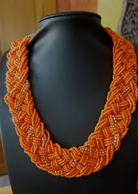 Vintage Orange Wide Seed Bead Collar Necklace   18  • $4.50