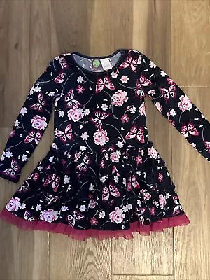 Dollie & Me  Dress / Size 5 / Velour Velvet Pink Navy Butterfly Roses • $12.68