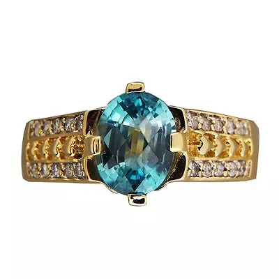 Vintage 2.50ct Oval Blue Zircon 18k Yellow Gold .20ct Full Cut Diamond Ring • $1195