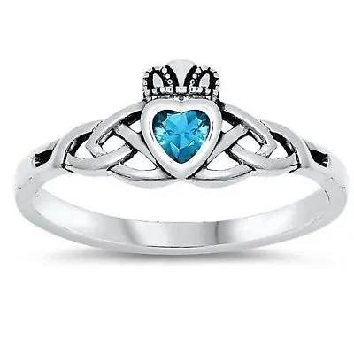 $14.38 • Buy Claddagh Ring Rhodium Plated Sterling Silver 925 Height 8 Mm Blue Topaz Size 8