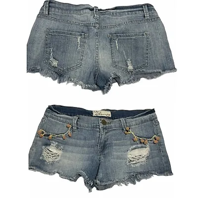 Vintage Havana Womens Sz 28 Distressed Cut Off Jean Shorts Booty Pom Pom Ripped • $9