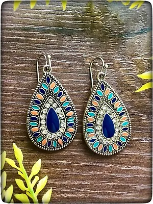 NEW Blue Orange Teal Boho Bohemian Hippy Indian Moroccan Silver Colour Earrings • $20.19