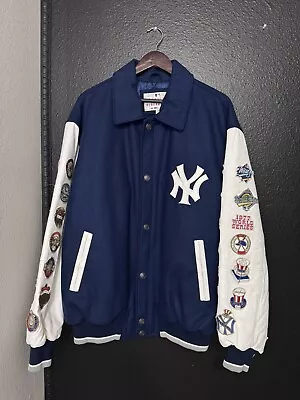 Mens XL New York Yankees Varsity Jacket World Series Patch Leather   Carl Banks • $279.99