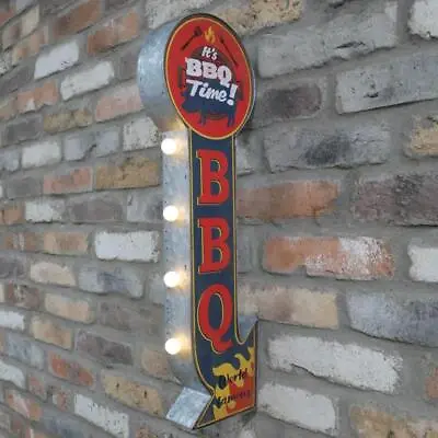 Light Up Sign BBQ Tin Metal Arrow Barbecue Grill Wall Mounted LED Patio Decor • £35.99