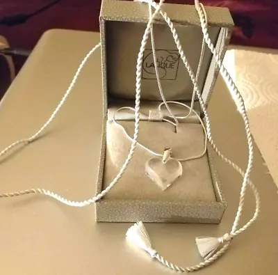 Lalique Necklace Pendant Clear Crystal Heart Silk Cord Hallmarked Silver Chain • £149.99