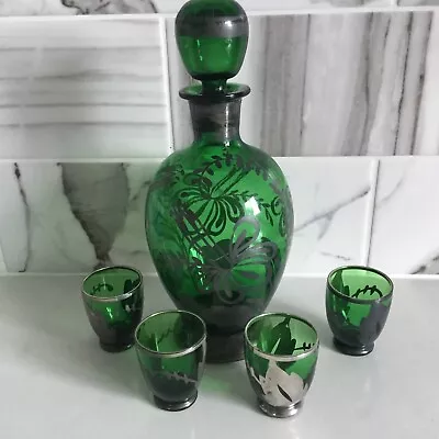 Vintage Green Glass Decanter And 4 Glasses With Silver Motif • $65