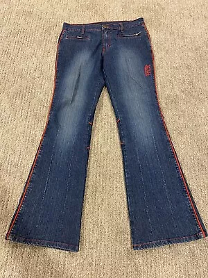 Von Dutch Vintage Womens Flare Bell Bottom Jeans  Spellout Logo Patch Size 9 Y2K • $89.99