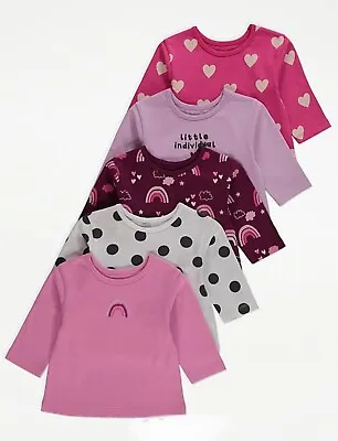 💖 Bnwt Baby Girl Pk 5 Long Sleeve Tops T-shirts Age 3-6 Mths Rainbow Heart Pink • £11.99