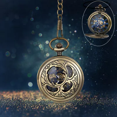 Mens Retro Phoenix Half Hunter Steampunk Windup Skeleton Mechanical Pocket Watch • $21.99