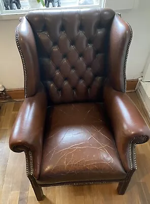 Leather Wing Back Chair Chesterfield Brown Vintage • £145